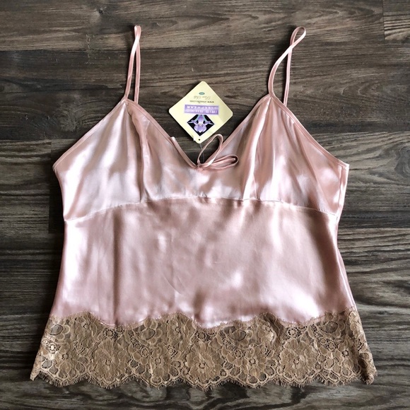 NWT Iris Silks Silk Satin Camisole Pink Tan Lace Adjustable Y2K - Picture 1 of 13